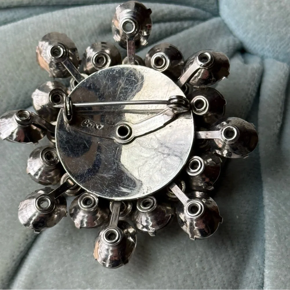 Vintage MCM Coro Rhinestone Brooch Signed Silvertone Snowflake Dome Sunburst